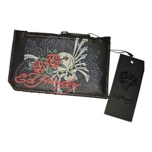 Ed Hardy Black Wallet Card Holder with Skull and Roses New With Tags